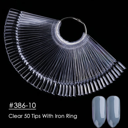50pcs False Nail Display Tips Clear Nature Color Chart Oval Fan Style UV Gel Polish Swatch Shows Palette Practice Manicure Tools
