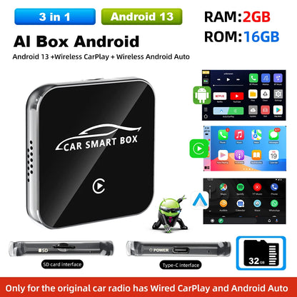 Grandnavi Android 13 3in1 CarPlay Ai Box Wireless Android Auto USB Adapter For Youtube Netflix Tiktok Universal AI Box Plug Play