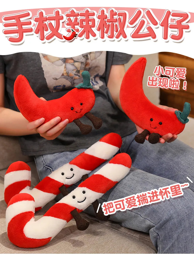 Christmas Bell Pepper and Candy Cane Plush Toy Fun Simulation Chili Peppers and Candy Canes Stuffed Doll Holiday Decor Xmas Gift