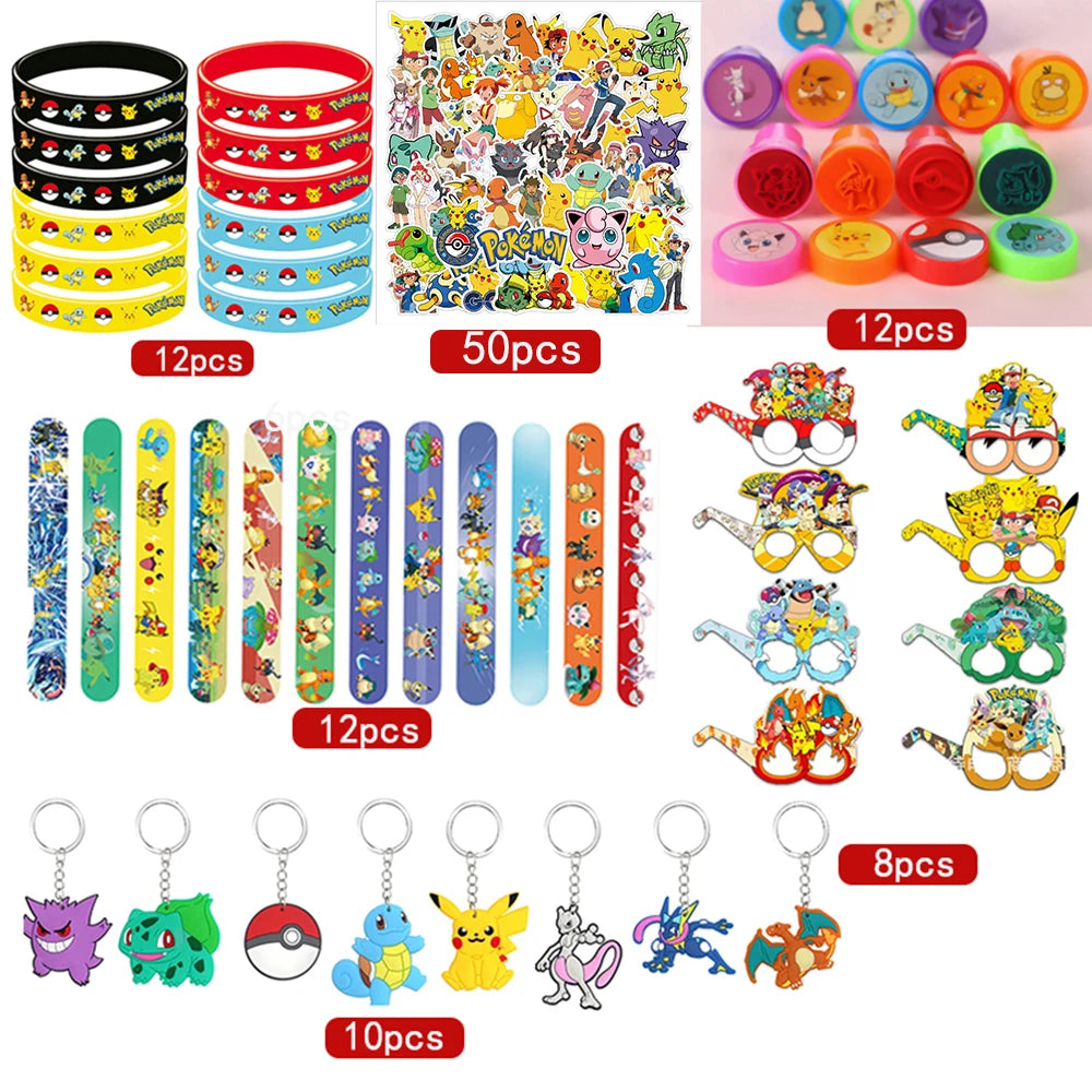 Birthday Party Favor Supplies Pik chu Braclet Keychain Stamp Mask Set for Birthday Party Bag Classroom School Reward Prize Gift