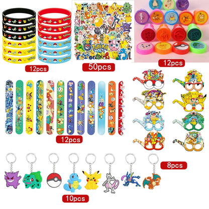 Birthday Party Favor Supplies Pik chu Braclet Keychain Stamp Mask Set for Birthday Party Bag Classroom School Reward Prize Gift