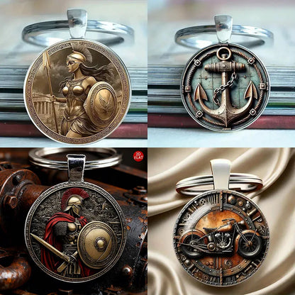 Noter New 8 Styles Unique 2D Flat Keychain Retro Anchor Knight Motorcycle Pattern Car Backpack Charm Pendant Decoration Key Ring
