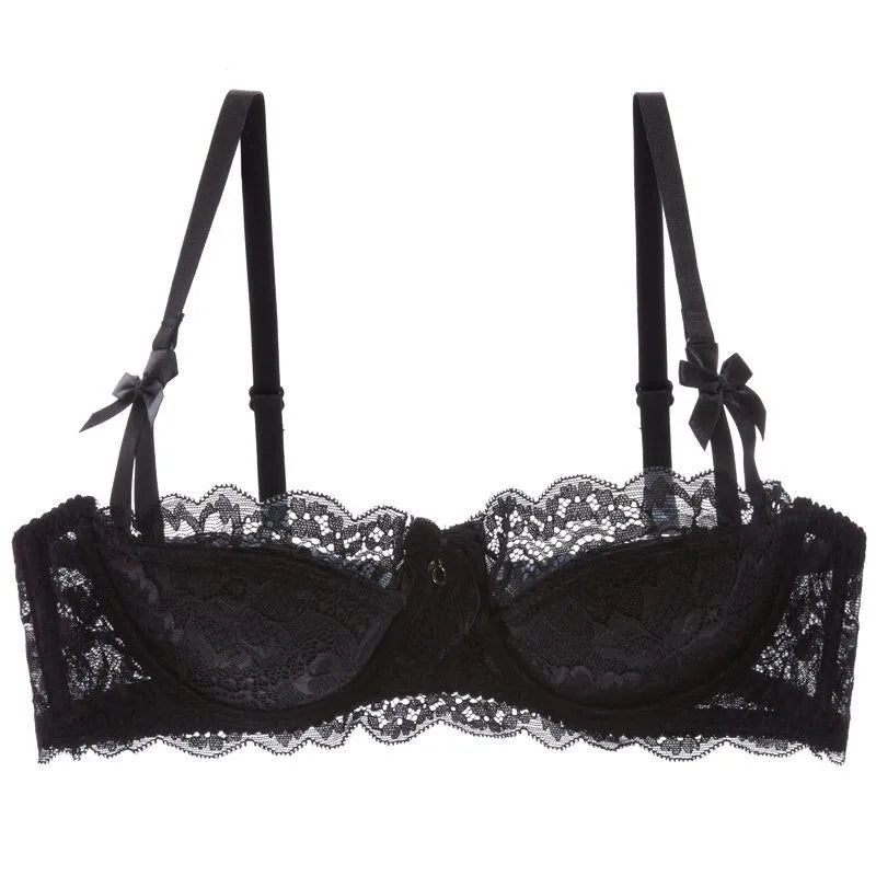 French Pure Passion Bow Shaped Shoulder Strap Lace Sexy Half Cup Push Up Bra Set Women's Thin Lingerie Big Breast Small Cup S-XL