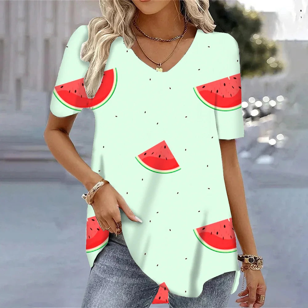 3D Watermelon Printed Women's V-neck Tee Shirts Summer Cool Short Sleeves Tops Fashion Casual Loose Pullovers Female T-shirts