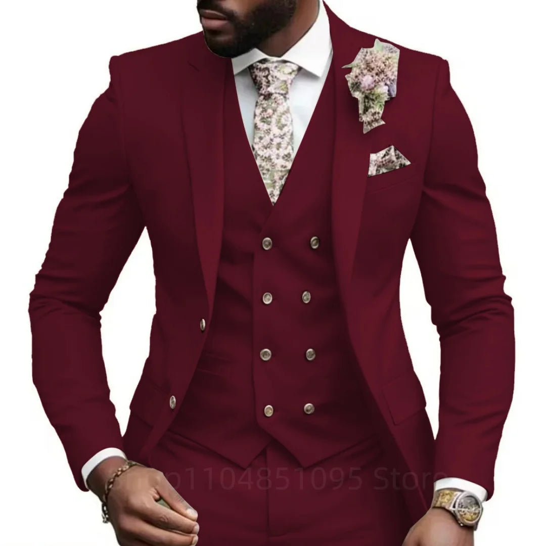 High Quality Green Business Men Suits Slim Fit Male Clothing Elegant Wedding 3 Piece Two Buttons Jacket Vest Pants Party Sets