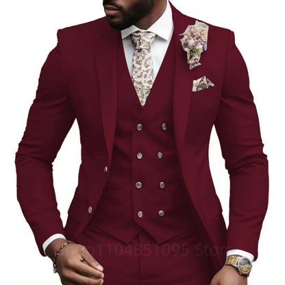 High Quality Green Business Men Suits Slim Fit Male Clothing Elegant Wedding 3 Piece Two Buttons Jacket Vest Pants Party Sets
