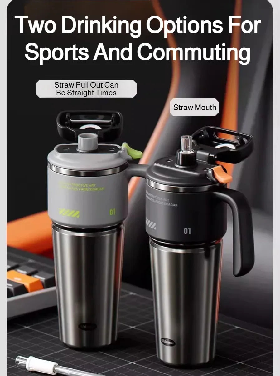 1L 304 Stainless Steel Vacuum Insulated Water Bottle One Touch Flip Lid Thermos Mug with Straw Handle for Car Travel Home Daily