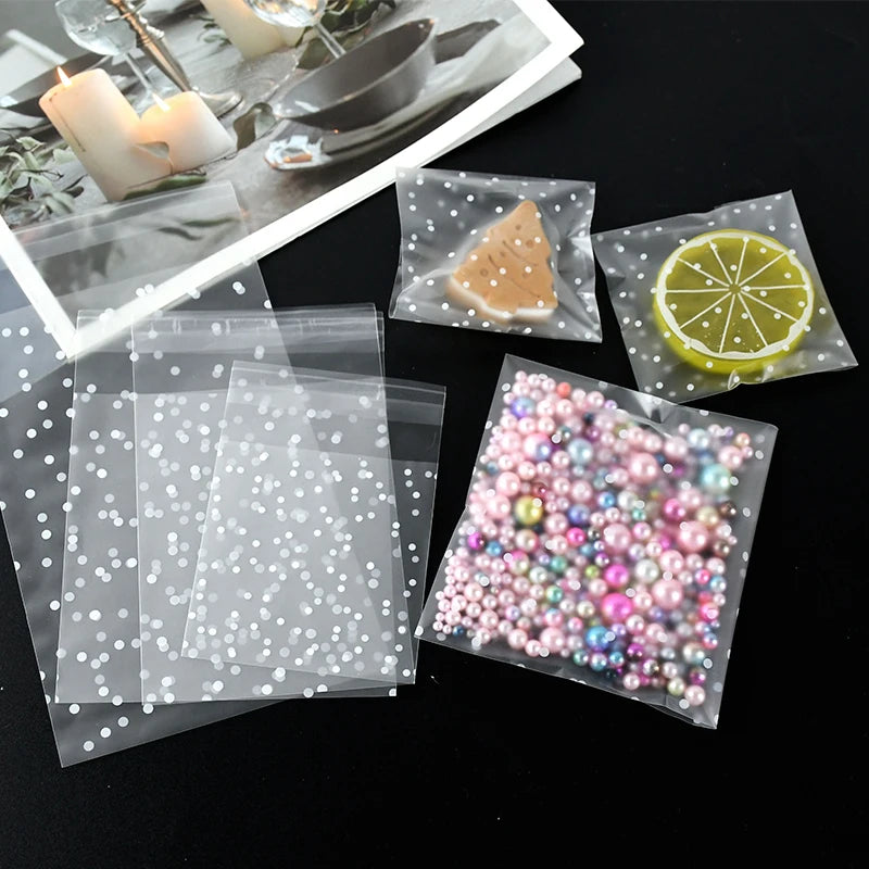 100pcs Plastic Transparent Cellophane Bags Polka Dot Candy Cookie Gift Bag Self Adhesive Candy Bags for Wedding Birthday Party