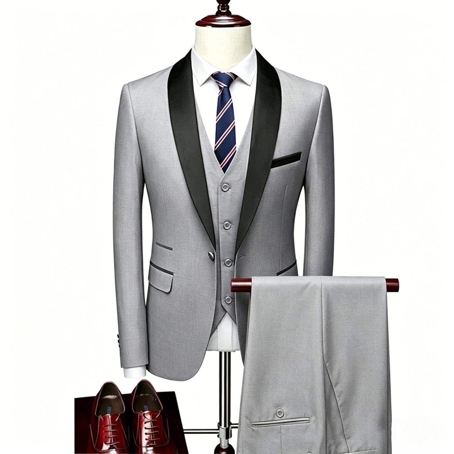 ( Jacket + Vest + Pants ) Men's 3 Piece Tuxedo Suit Set, Beige Blazer with Black Shawl Lapel for Wedding, Groom, Formal Party