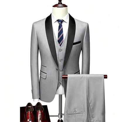 ( Jacket + Vest + Pants ) Men's 3 Piece Tuxedo Suit Set, Beige Blazer with Black Shawl Lapel for Wedding, Groom, Formal Party