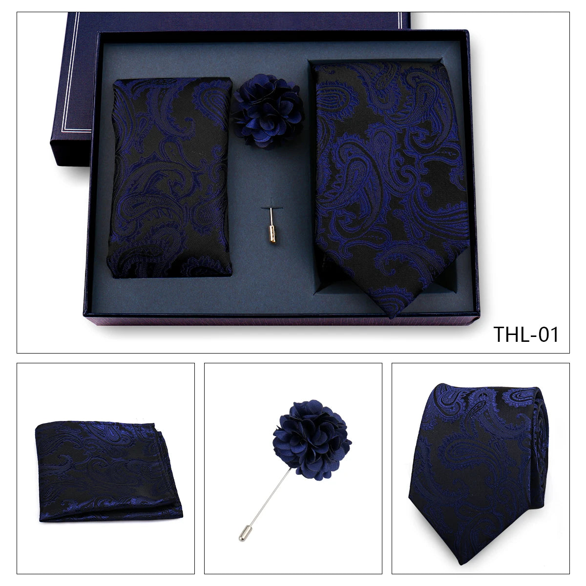 Elegant Ties For Men Classic Paisly Neck Tie Pocket Square Brooch Set With Gift Box Mens Business Wedding Suit Accessories