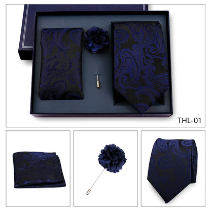 Elegant Ties For Men Classic Paisly Neck Tie Pocket Square Brooch Set With Gift Box Mens Business Wedding Suit Accessories