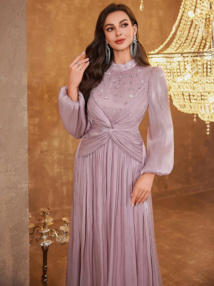 TOLEEN Women's Stand Collar Waist Twist Beaded Sequin Embellished Elegant Long Lantern Sleeve Shift Dress Wedding Spring Party