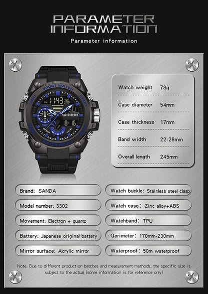 Sanda Men's Digital Fashion Waterproof Outdoor Sports Multifunctional Electronic Watch SD3302-12
