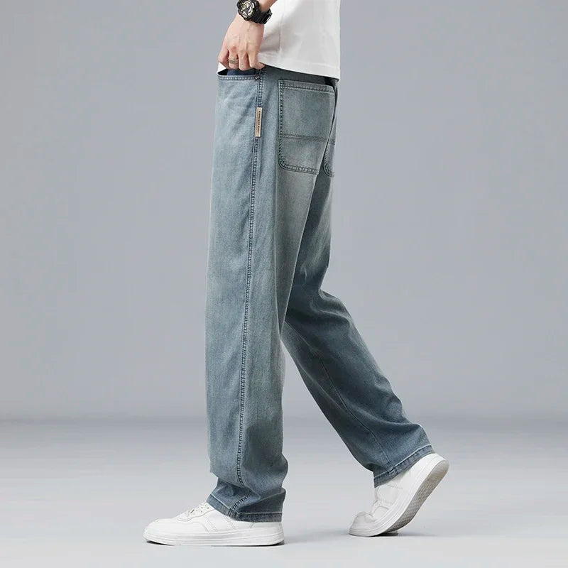 Lyocell Ultra-thin Summer Men's Jeans Elastic Ice Silk Drape Soft Loose Pants Straight Casual Denim Male Clothing Trousers