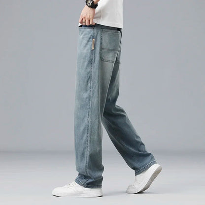 Lyocell Ultra-thin Summer Men's Jeans Elastic Ice Silk Drape Soft Loose Pants Straight Casual Denim Male Clothing Trousers