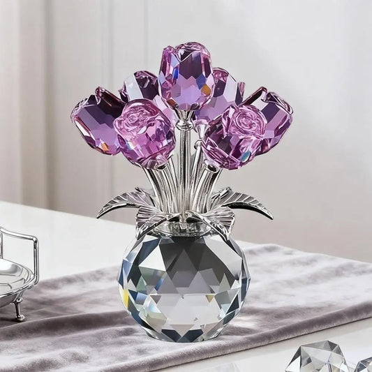 Creative Crystal Rose Sculpture Reflect Colorful Rose Bouquet Ornaments Small Handmade Crystal Rose Bundle Mother's Day