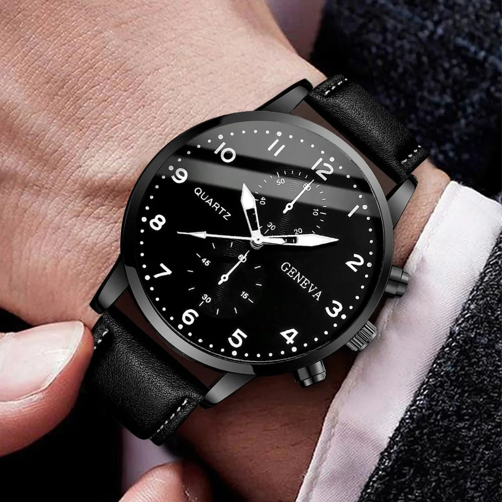 3PCS Fashion Men Business Watches Set Trend Versatile Retro Leather Strap Round Dial Quartz Watch Reloj Hombre（Without Box）
