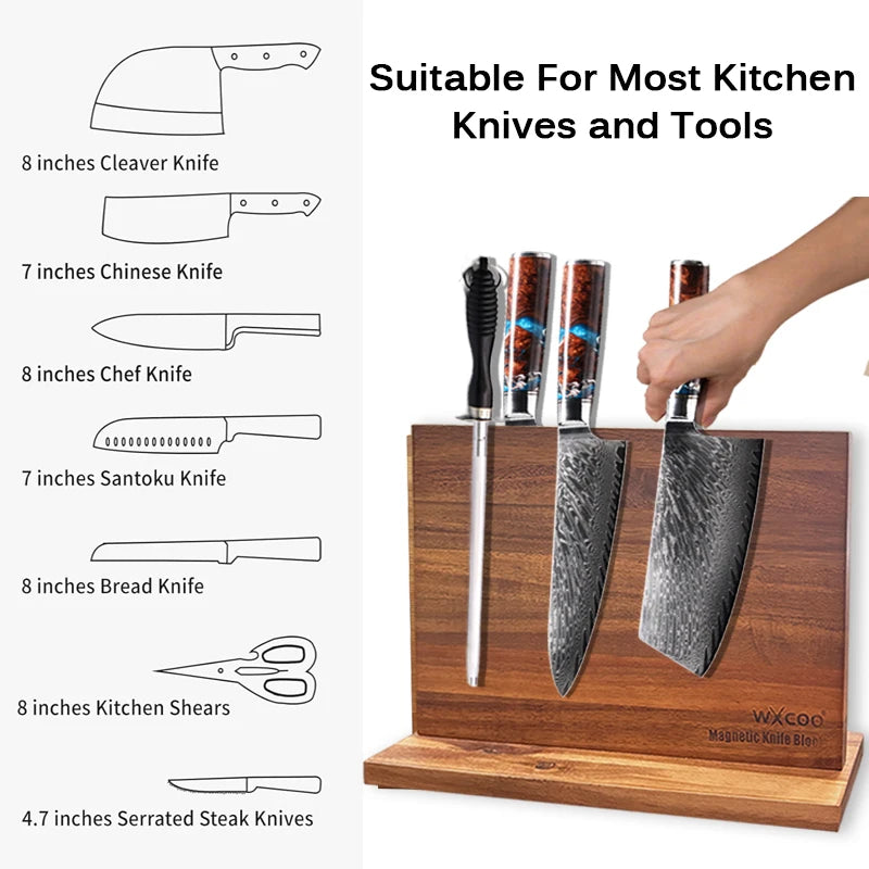 Long Magnetic Knife Block Acacia Wooden Kitchen Knife Holder Kitchen Counter Strong Enhanced Magnets Stands Storage Knife Holder