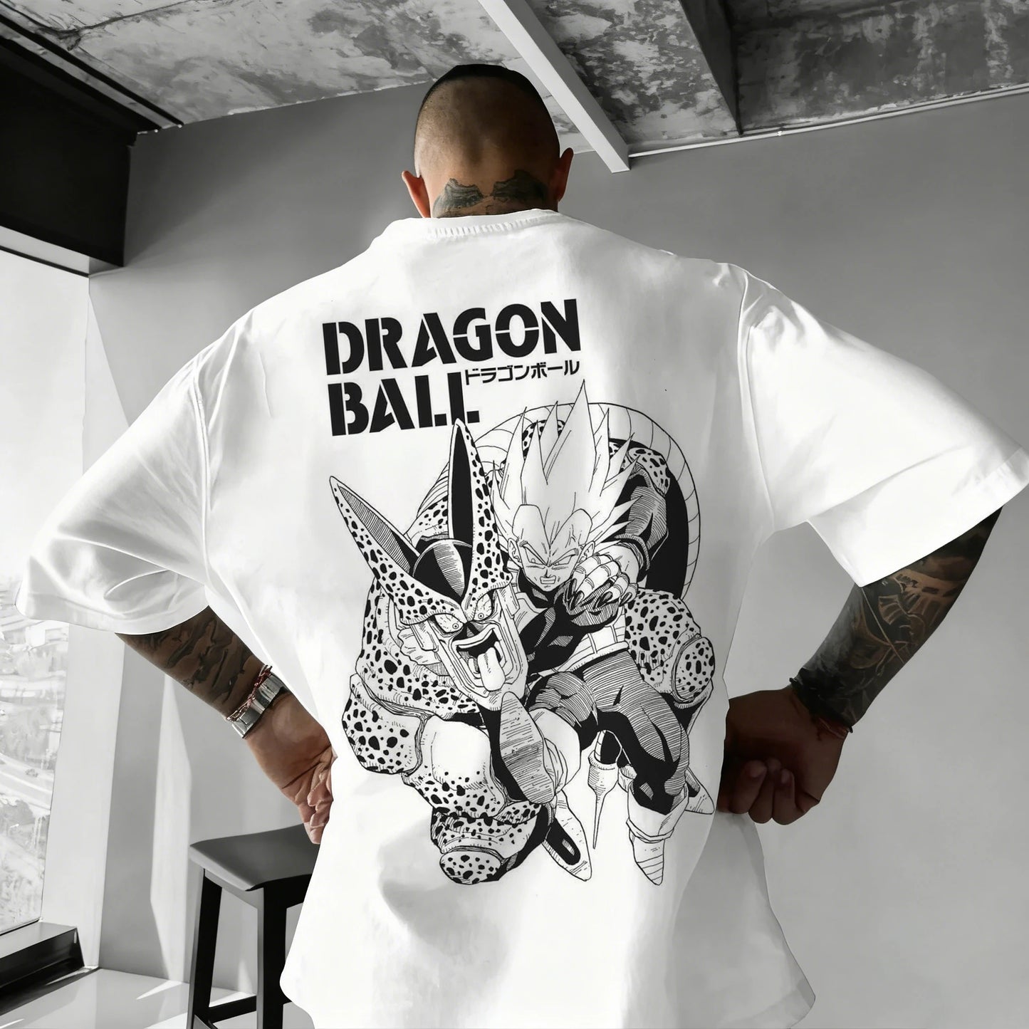 2026 Summer Dragon Ball Oversized T-shirt High Quality 100% Cotton Kid Goku with Power Pole Line Art Print UnisexCasual Y2K