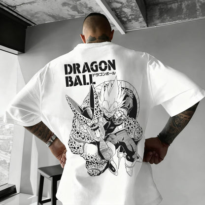 2026 Summer Dragon Ball Oversized T-shirt High Quality 100% Cotton Kid Goku with Power Pole Line Art Print UnisexCasual Y2K