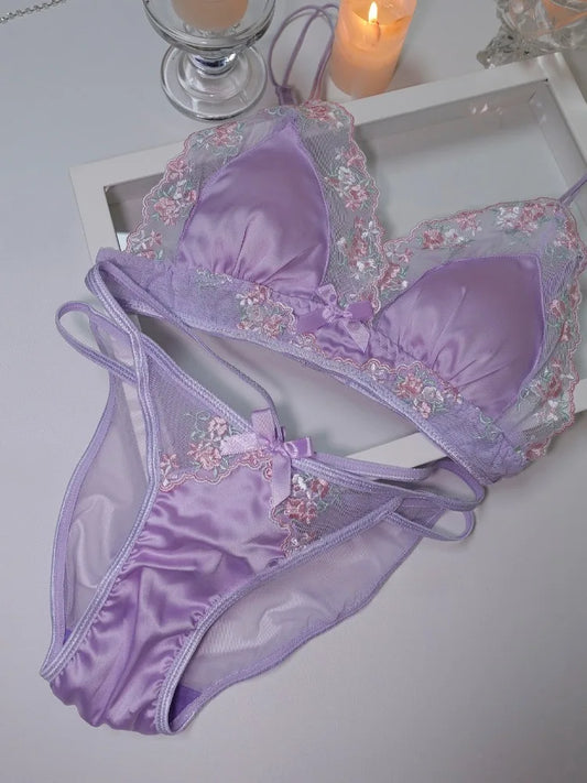 MOYISU Girls French Bra Thin Triangle Cup Purple Embroidery Light Luxury Silk Sexy Pure Desire Lace Underwear Set