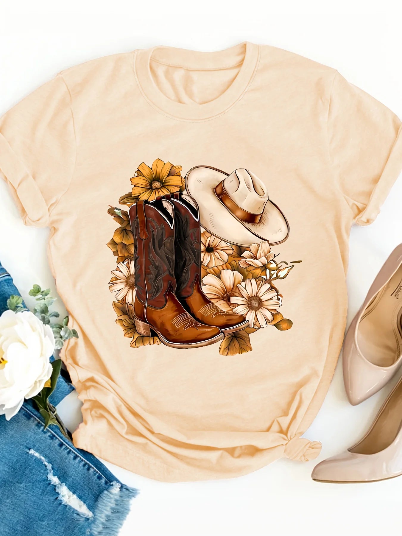 Floral Cowboy Boots Women's Tee - Western Style Graphic, Country-Inspired Print for Casual Daily Wear