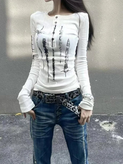 2025 Subculture Aesthetic Autumn Slim Long Sleeve T-Shirts Women New Hot Girl Print Design Tees Female Hepburn Chic Y2k Outfits