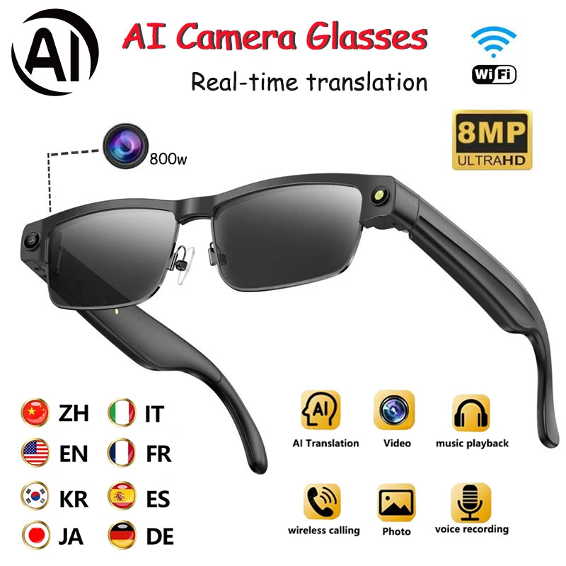 Okulary AI Smart Camera HD Tłumaczenie w Czasie Rzeczywistym Bezprzewodowe Bluetooth Połączenia Dotykowe Sportowe dla Mężczyzn Muzyczne Okulary z Tłumaczem Języka