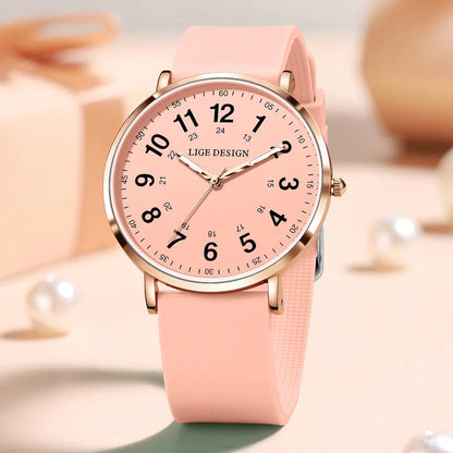 LIGE New Fashion Women's wristwatch Ultra-Thin Quartz Watches for Woman Waterproof Luminous Silicone Ladies Watches Pink Clock