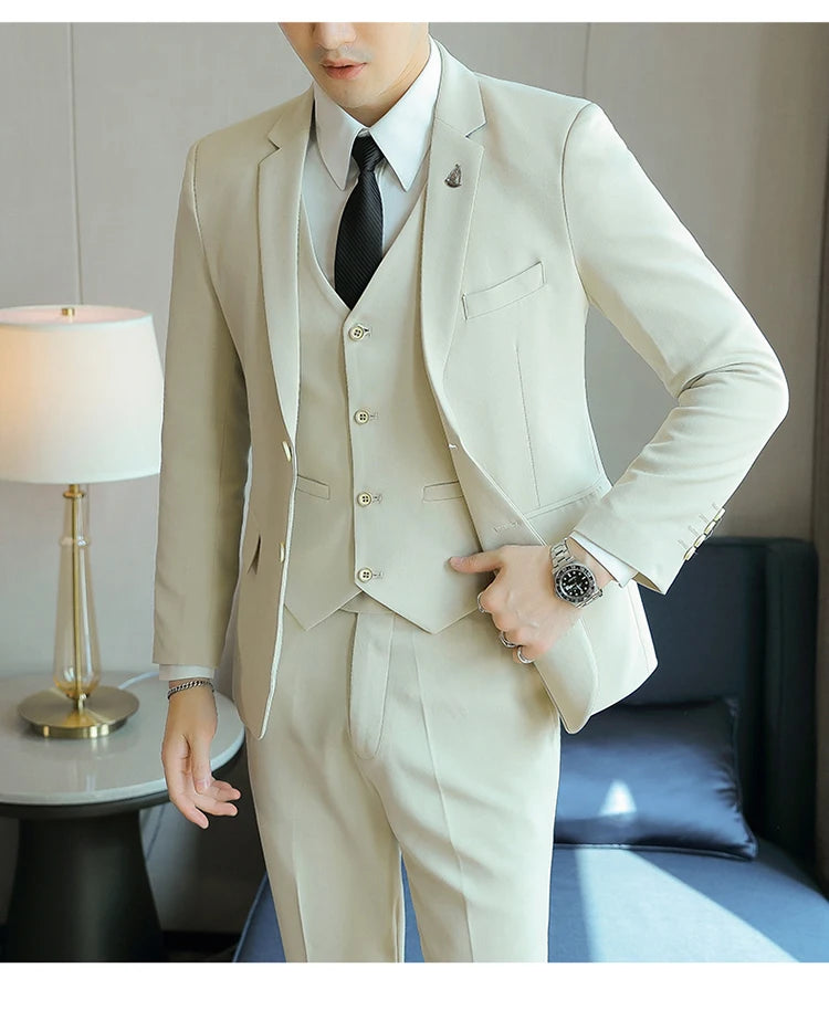 High-End Men's Wedding Suit 3-Piece Set Handsome Banquet Smart Casual Fashionable Three-Quarter Length Vest Trousers Four Season