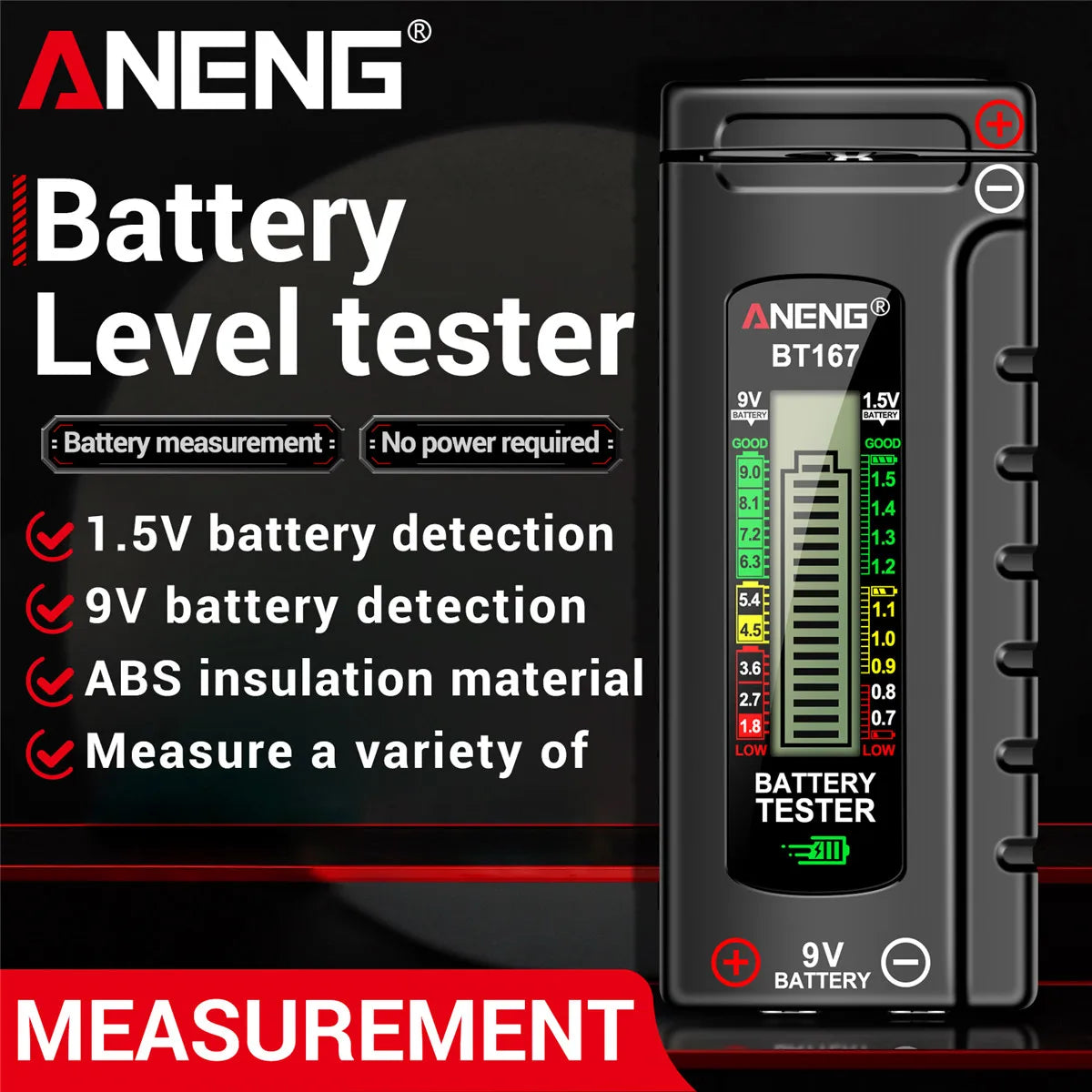ANENG BT167 household battery level tester does not require power supply to measure D/C/AA/AAA/9V/button battery level detector