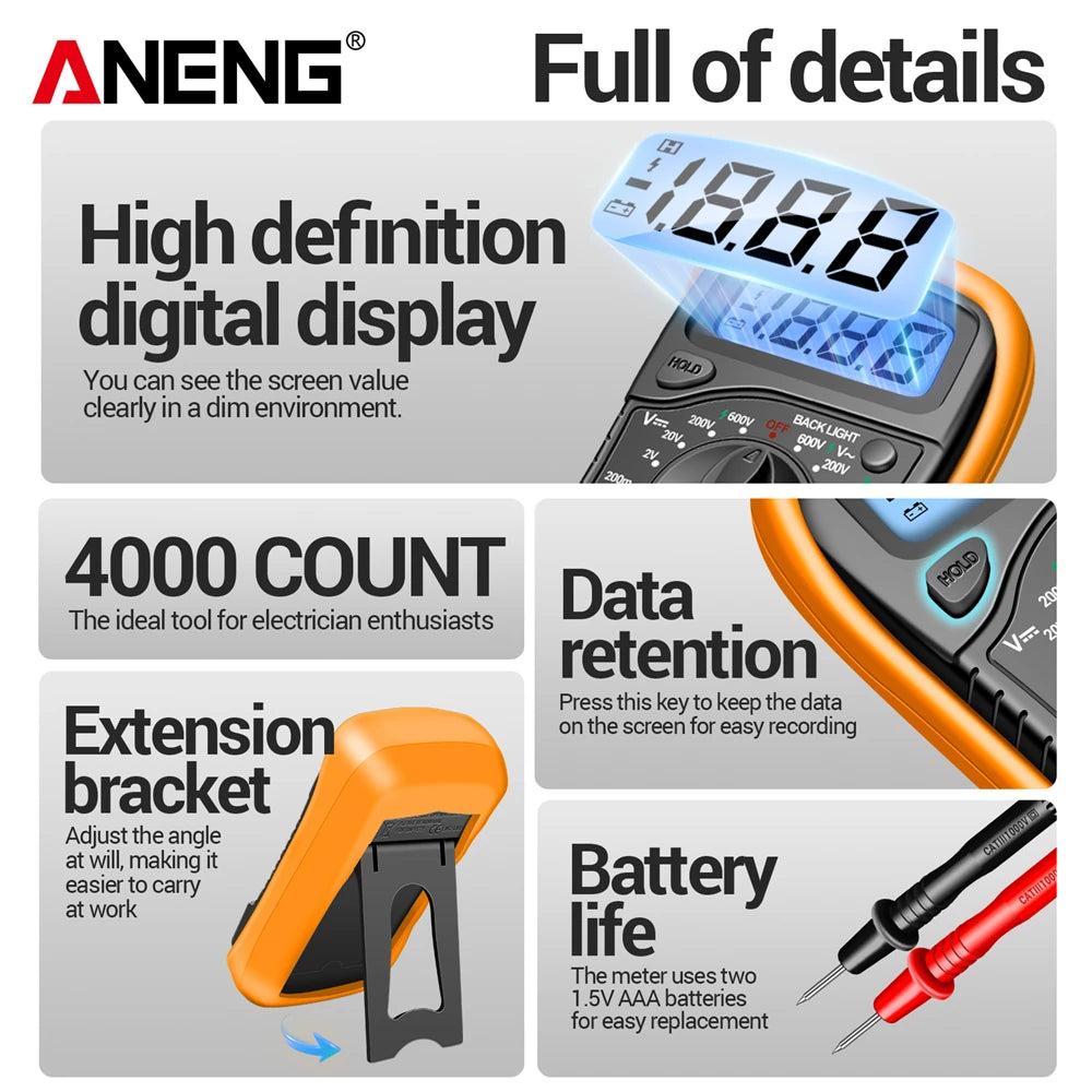 Digital Multimeter Professional ANENG AN8205C AC/DC Voltage Meter DC Current Resistance Diode -40℃~1000℃ LCD Backlight Tester