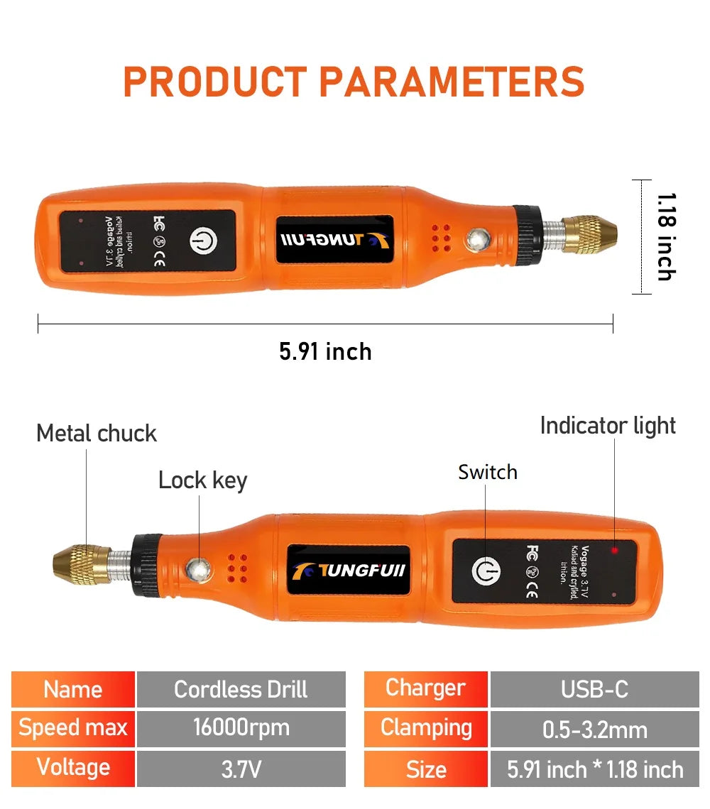 Mini Electric Rotary Tool 16000RPM USB Charging Power Tool Set 3.7V Lithium-Ion Battery Cordless Drill Pen for DIY Craft