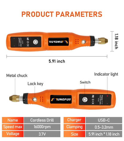 Mini Electric Rotary Tool 16000RPM USB Charging Power Tool Set 3.7V Lithium-Ion Battery Cordless Drill Pen for DIY Craft
