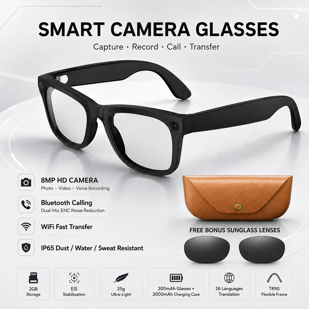 2026 New AI Smart Glasses 8MP HD Camera AI Translator Surround Sound Audio Smart Assistant 2000mAh Charging Case Smart Eyewear