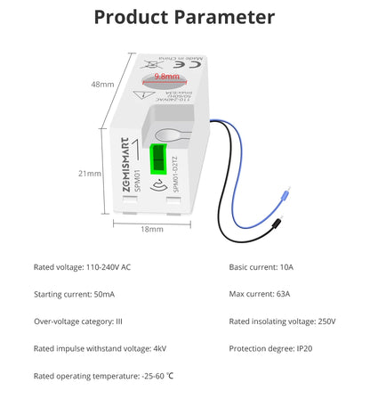 Zemismart Zigbee WiFi 63A MiNi Energy Meter Electric Monitor Sensor Work with Tuya Smart Zigbee2mqtt Home Assistant Homey SPM01