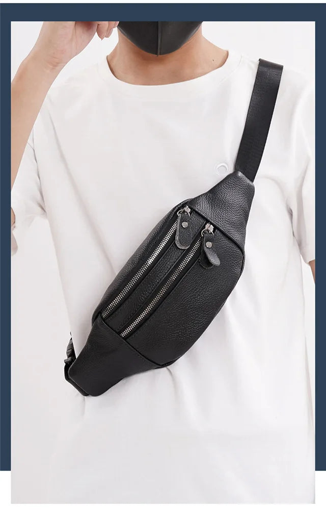 Men's Genuine Leather Chest Bag Double Zipper Cowhide Fanny Pack Casual Crossbody Sling Bag for Daily Commute & Travel