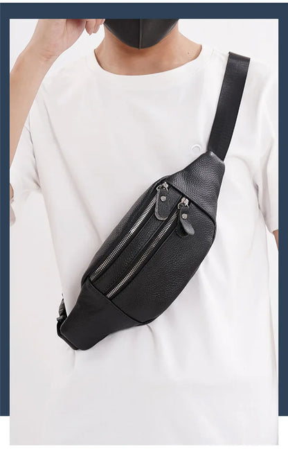Men's Genuine Leather Chest Bag Double Zipper Cowhide Fanny Pack Casual Crossbody Sling Bag for Daily Commute & Travel