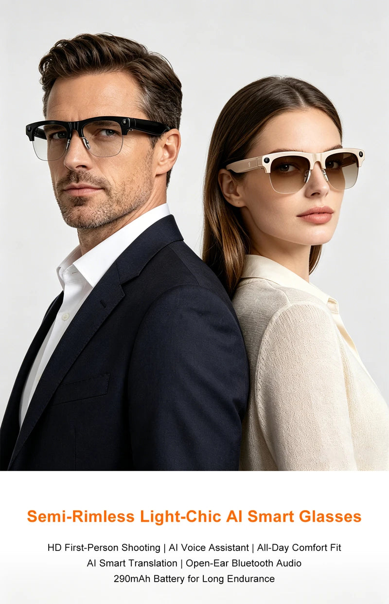 Semi-frame 1200W Pixel Camera Glasses with AI Voice Translation Smart Bluetooth Features Includes 3 Lense Travel Office