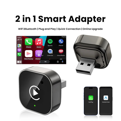 2 IN 1 Wireless Carplay & Android Auto Adapter Wired to Wireless Carplay Dongle Mini Plug & Play Auto Connect For iPhone Android