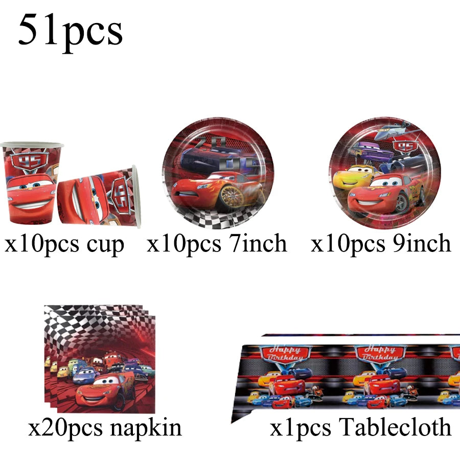 Cars Lightning McQueen Birthday Tableware Set Paper Cups Plates Tablecloth Napkins Banner Gift Bags Festive Event Essentials