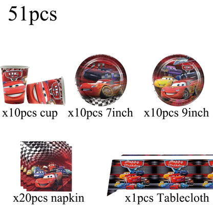 Cars Lightning McQueen Birthday Tableware Set Paper Cups Plates Tablecloth Napkins Banner Gift Bags Festive Event Essentials