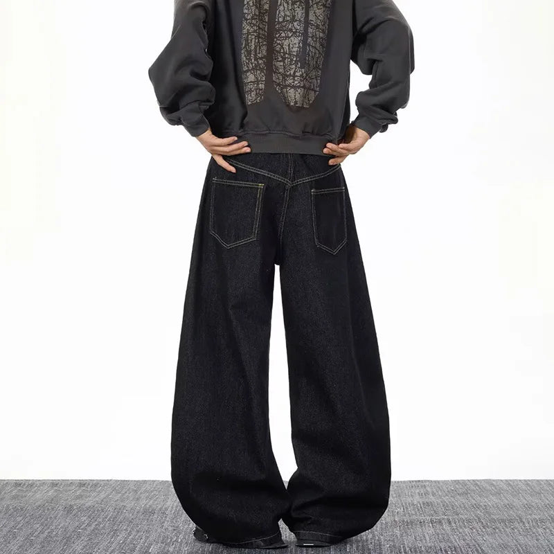 2026 Spring/Summer Korean Black Men'S Curved Knife Jeans Loose Straight Legs Casual Wide Legs 3xl Large Jeans