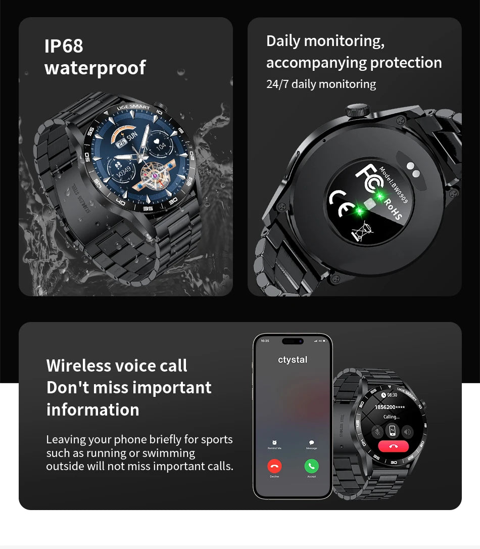 LIGE Full Touch Smartwatch Outdoor Military Smart Watch 1.38" HD Screen Bluetooth Call IP68 Waterproof Sport Fitness Watches Men