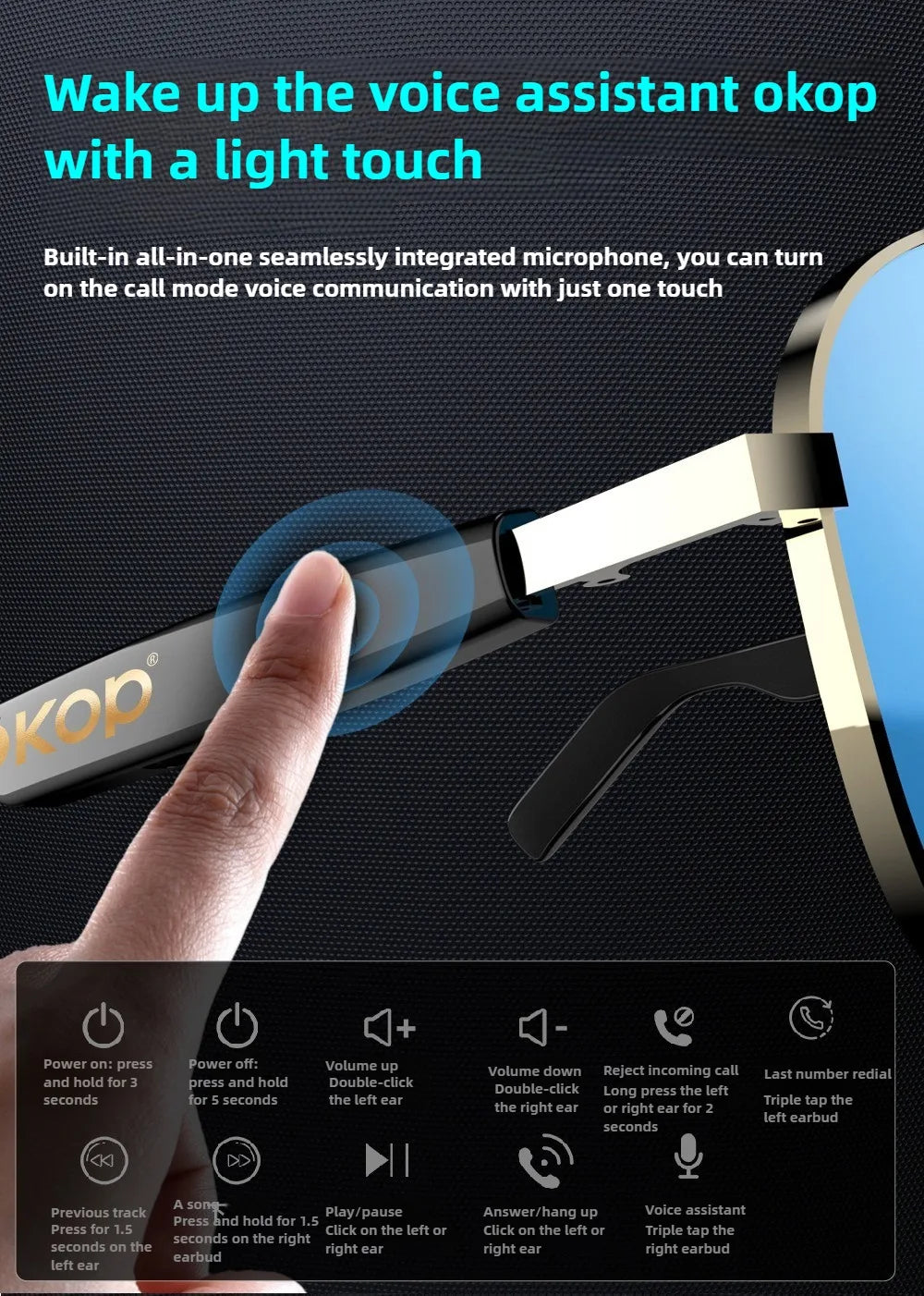 OKOP Smart Bluetooth Glasses,Waterproof Bluetooth Headset,Voice Call Glasses,Anti-blue Light Air Conduction Glasses,AI Glasses