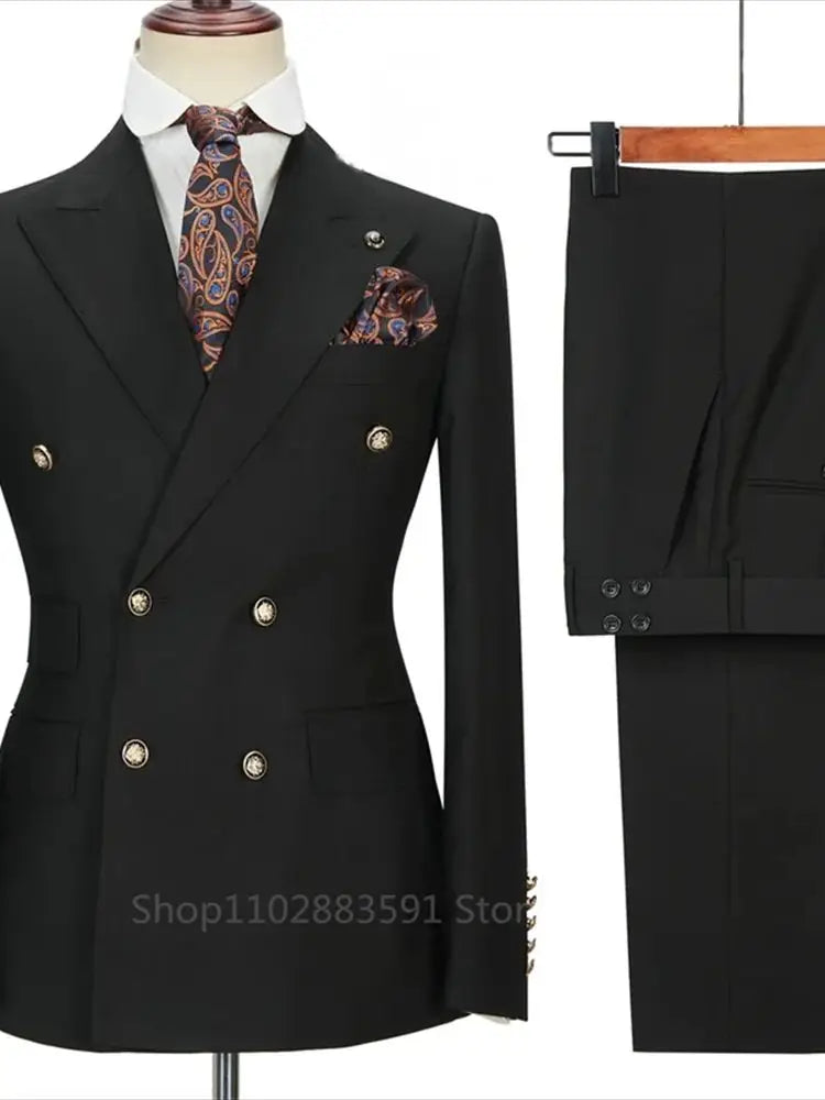 2 Pieces Fashion New Men's Business Double Breasted Solid Color Suit Coat / Male Slim Wedding Blazers Jacket Pants Trousers