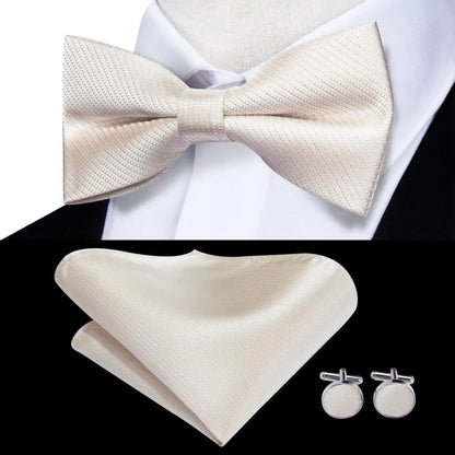 Hi-Tie Mens Bow Tie Hanky Cufflinks Set White Black Gray Silver Pre-tied Butterfly Knot Bowtie for Male Wedding silk Business