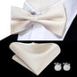 Hi-Tie Mens Bow Tie Hanky Cufflinks Set White Black Gray Silver Pre-tied Butterfly Knot Bowtie for Male Wedding silk Business