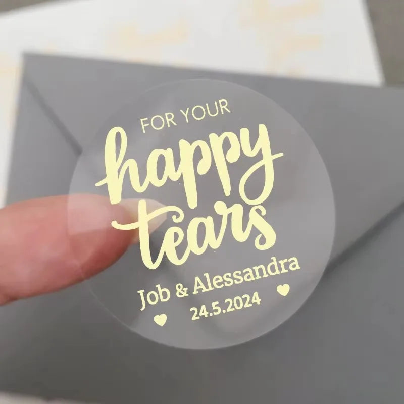 50pcs Custom Transparent Wedding Stickers, Square Transparent Stickers, Personalized Wedding Stickers with Gold Foil Labels